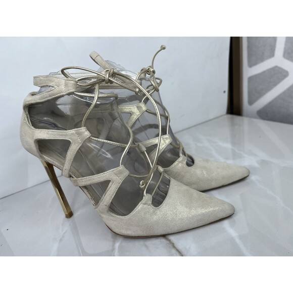 STUART WEITZMAN Excite Gold Suede Pumps Ulta Hi Stiletto Heels Leather Sz 7.5 M - Picture 5 of 15
